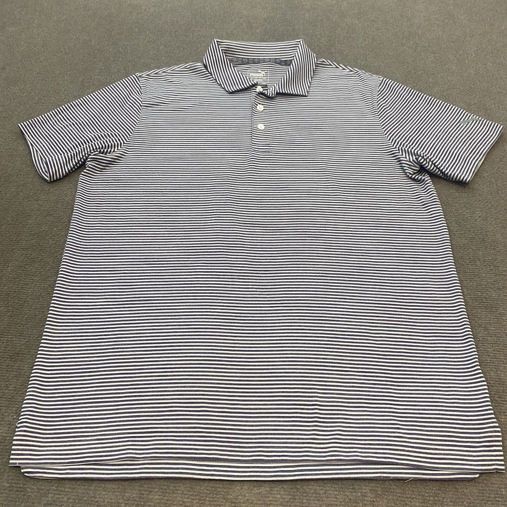 Puma Polo Shirt Mens Size Medium Purple Striped Short Sleeve Casual Golfer - Picture 1 of 13